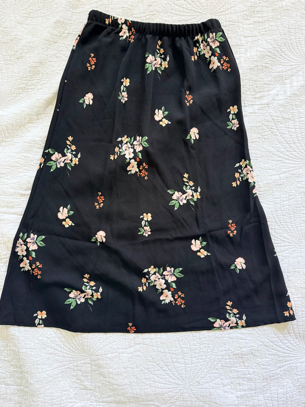 Sky and Sparrow Black Midi Skirt with Pink and Green Floral Print